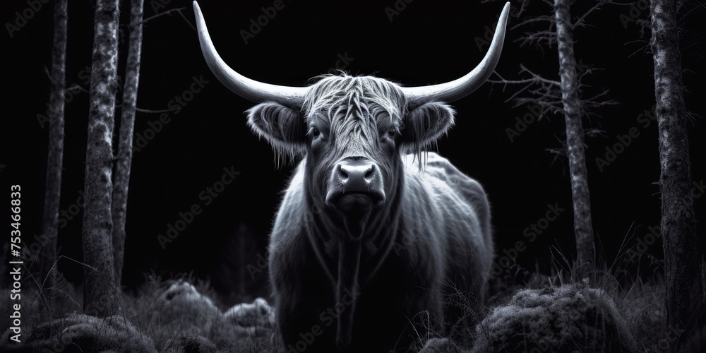 In the darkness, the silhouette of a majestic black bull emerges, its presence commanding attention against the black background - obrazy, fototapety, plakaty 