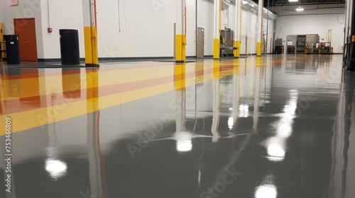 New shiny epoxy resin floor in a large, brightly lit room. Office, warehouse, production workshop after renovation.