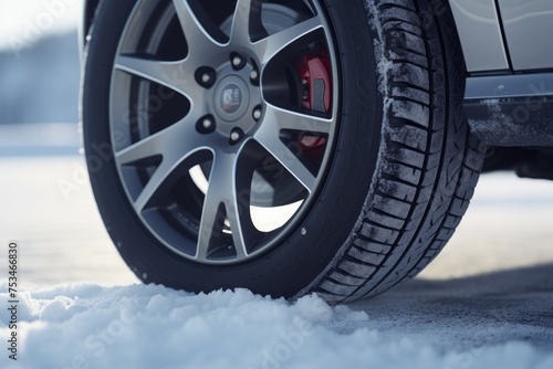 Close-up shot of a car wheel with a winter tire on a snowy road.