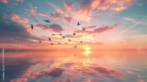 A tranquil scene concept with flocks of birds flying against a bright sunrise sky.