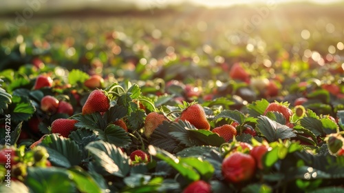 Vast fields are filled with ripe strawberries that glisten in the sunlight. The red berries stand out against the green foliage.
