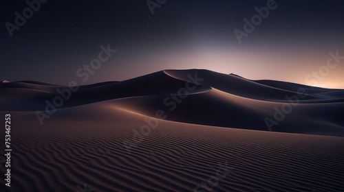 Sand dunes overlooking the sunset, sunrise. Desert at night under a starry sky. In the night sky galaxies and nebulae. Mystical, surreal background.