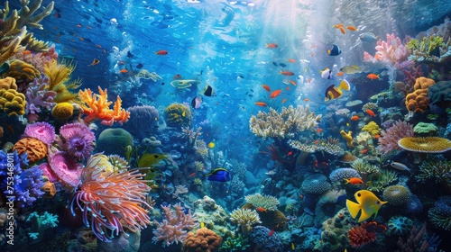 Underwater coral reef scene Brightly colored  diverse marine life showcases the beauty and diversity of marine life. underwater photography