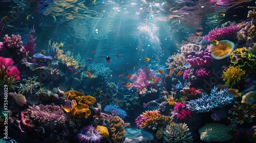 Underwater coral reef scene Brightly colored  diverse marine life showcases the beauty and diversity of marine life. underwater photography