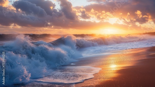 Big ocean waves on the beach at sunset atlantic ocean