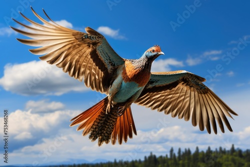 Elegant pheasant spread wings in mid-flight over scenic field or forest landscape