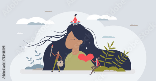 Emotional wellness as mental health awareness and care tiny person concept. Psychological wellbeing and relaxation with hobby activities, calm mind and inner harmony or balance vector illustration.