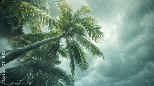 Coconut trees blown by strong winds in a tropical storm under an overcast sky, natural disaster concept.