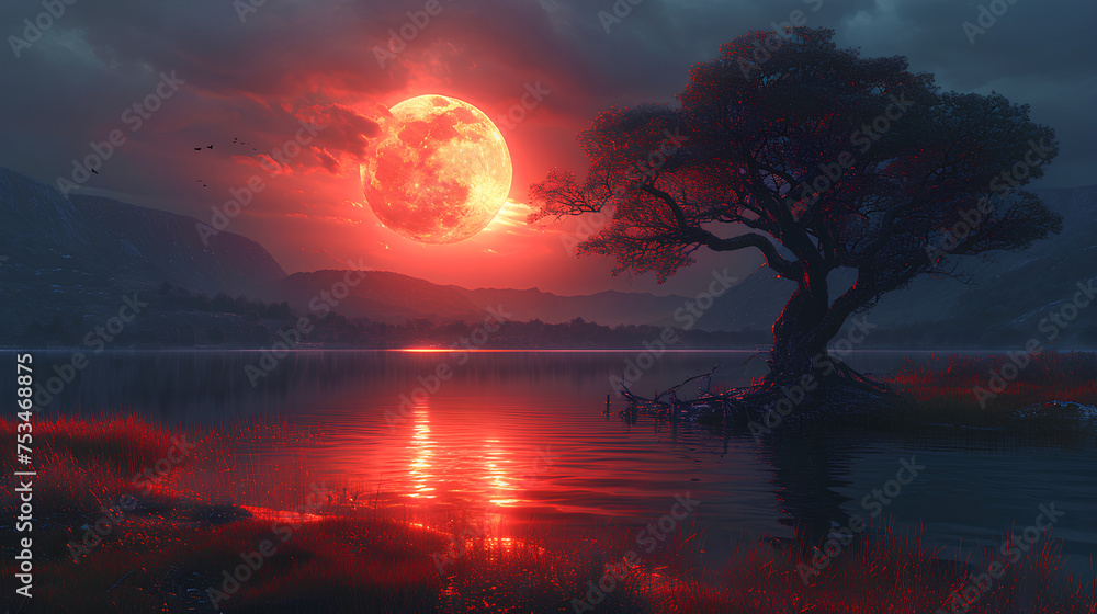A strange lake under the red moon
