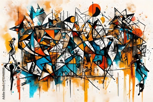 Geometric abstract shape dancing rhythm people street graffiti. Art wall paint drawing oil ink design. Graphic Art