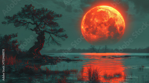 A strange lake under the red moon 