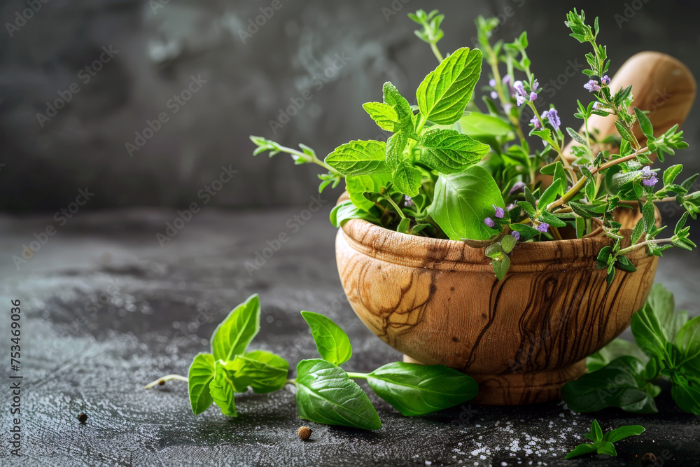 Wooden mortar with fresh and fragrant in herbs gray dark background. banner with a big empty space dark background Wooden mortar with fresh and fragrant in herbs gray dark background. banner with a big empty space dark background