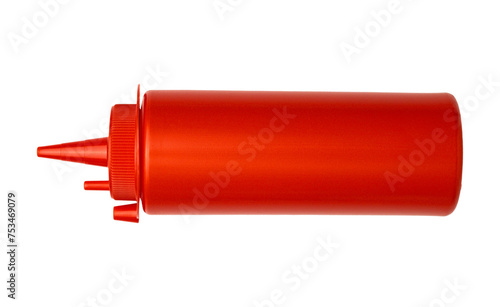Red plastic bottle bottle for sauces, ketchup and mustard on white background isolated 