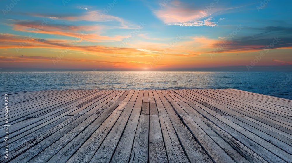 Empty wooden deck with peaceful sunset over natural background, ocean horizon.