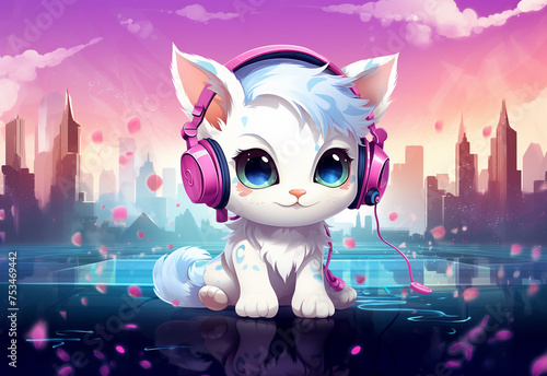Cute cat wearing headphones running through the city, 2d game art, fairycore, rubens, larme kei, hd, adorable, white and purple photo