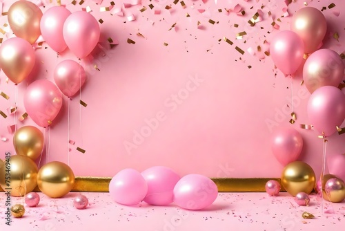 Empty pink wood and birthday decoration with golden and pink matalic balloon background. For product display. copy space, banner background.