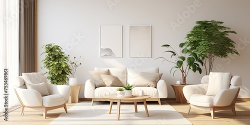 Scandinavian home with stylish living room, white armchairs, sofa, coffee table, art, plants. © Vusal