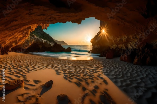 View from the cave a sandy beach along the ocean at sunset