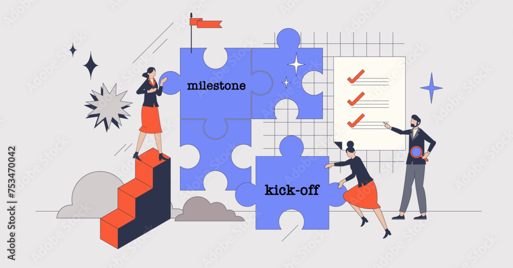 Project planning with effective workflow management retro tiny person concept. Check task progress with milestones and kick off stages for productive business team work vector illustration.