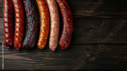 Five Different Types of Sausages Arranged on a Wooden Surface