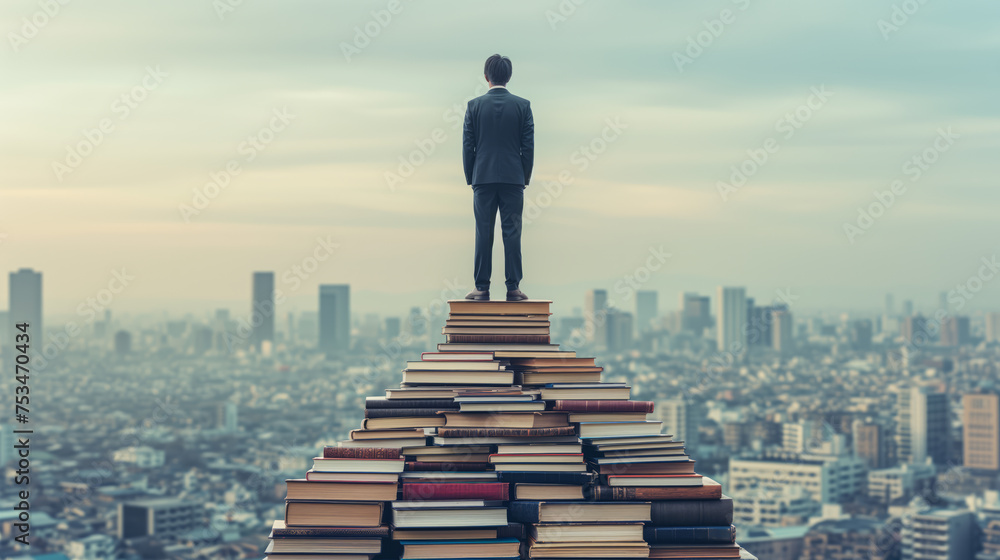 A student stands on top of a pyramid of books overlooking a cityscape. Education concept. Ai generative illustration A student stands on top of a pyramid of books overlooking a cityscape. Education concept. Ai generative illustration