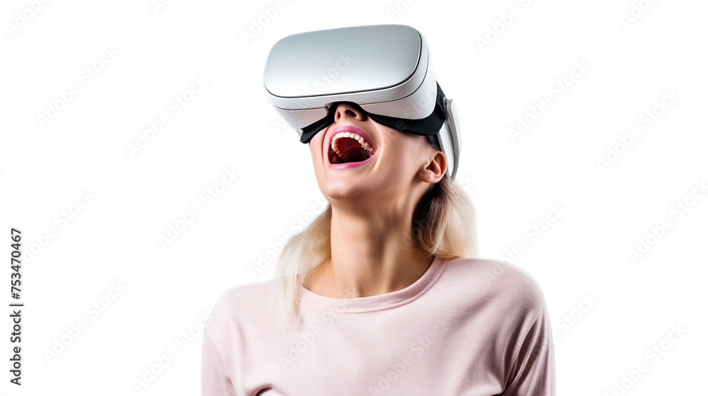 Girl with virtual reality vr glasses, playing video games with virtual reality headset, isolated on transparent, exploring the metaverse, Generative ai