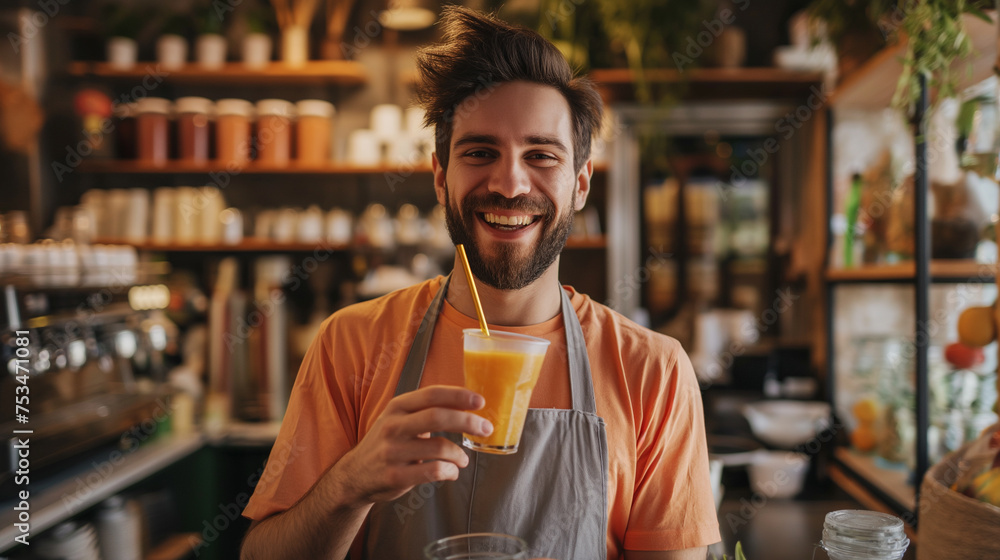 smiling person in a Cafe holding fresh healthy juice in eco friendly Disposable glass and straw, young man holding juice 