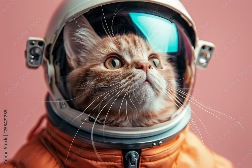 Whiskered Astronaut Feline Poised for Stellar Exploration Against a Rosy Backdrop