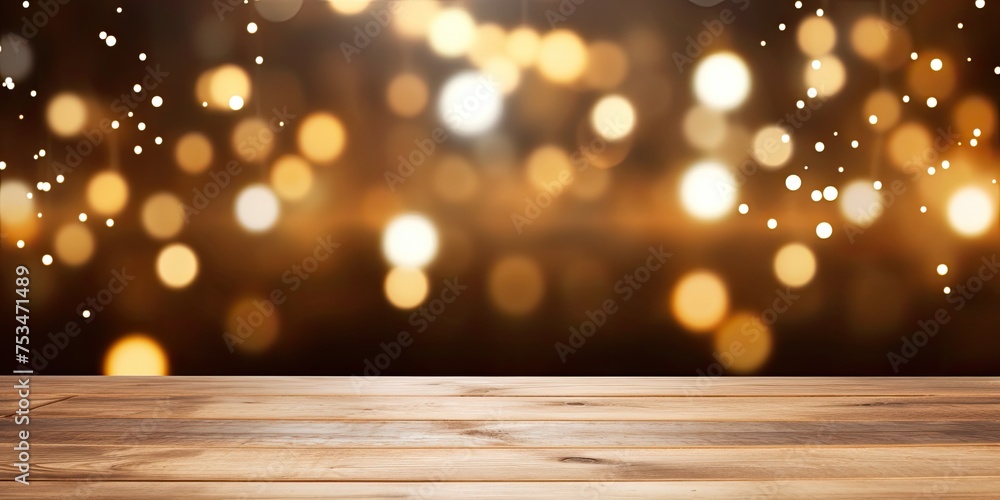 Christmas-themed wooden table with blurred background, perfect for showcasing products.