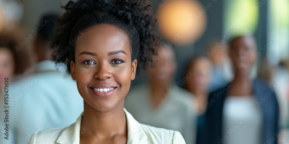 Charismatic businesswoman with team. Portrait of a smiling African American woman with colleagues in the background at office, team leader Charismatic businesswoman with team. Portrait of a smiling African American woman with colleagues in the background at office, team leader