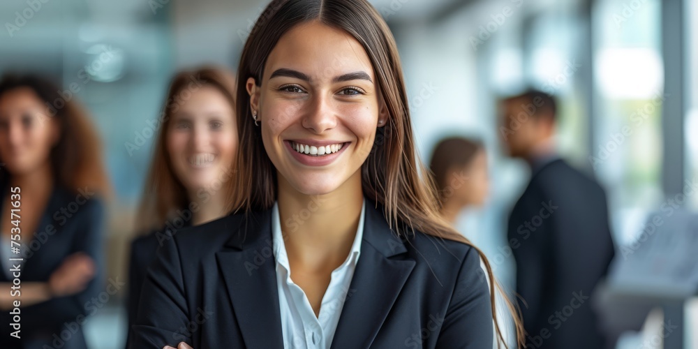 Portrait of a smiling businesswoman in a suit with her team in the office backdrop, team leader Portrait of a smiling businesswoman in a suit with her team in the office backdrop, team leader