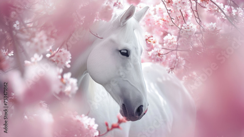 White horse up close, surrounded by delicate sakura blossoms in a radiant spring garden