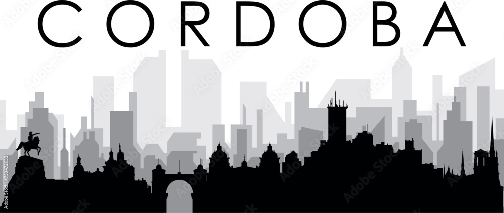 Black cityscape skyline panorama with gray misty city buildings background of CÓRDOBA, ARGENTINA Black cityscape skyline panorama with gray misty city buildings background of CÓRDOBA, ARGENTINA