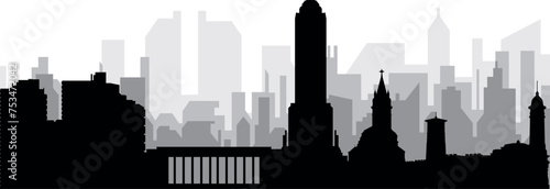 Black cityscape skyline panorama with gray misty city buildings background of ROSARIO, ARGENTINA