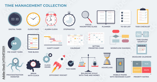 Time management and effective work tasks planning in tiny collection set. Labeled elements with timer, schedule charts and workflow tools vector illustration. Business efficiency and productivity.