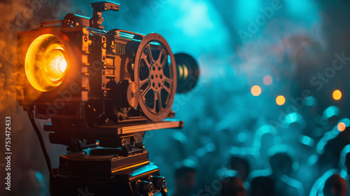 film projector on a wooden background with dramatic lighting and selective focus. photo