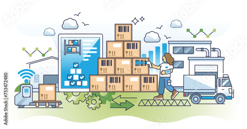 Inventory management in supply chain for effective logistic outline concept. Warehouse distribution and stock control with smart storehouse solutions vector illustration. Work automation with IOT.