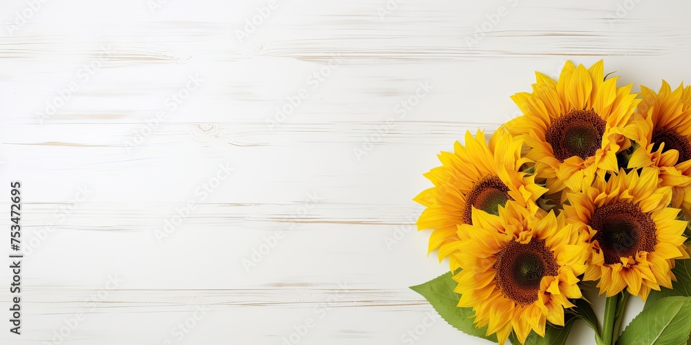 Top-down view of three lovely yellow sunflowers on a white wooden surface - ideal for presentations, decor, and web design. Top-down view of three lovely yellow sunflowers on a white wooden surface - ideal for presentations, decor, and web design.