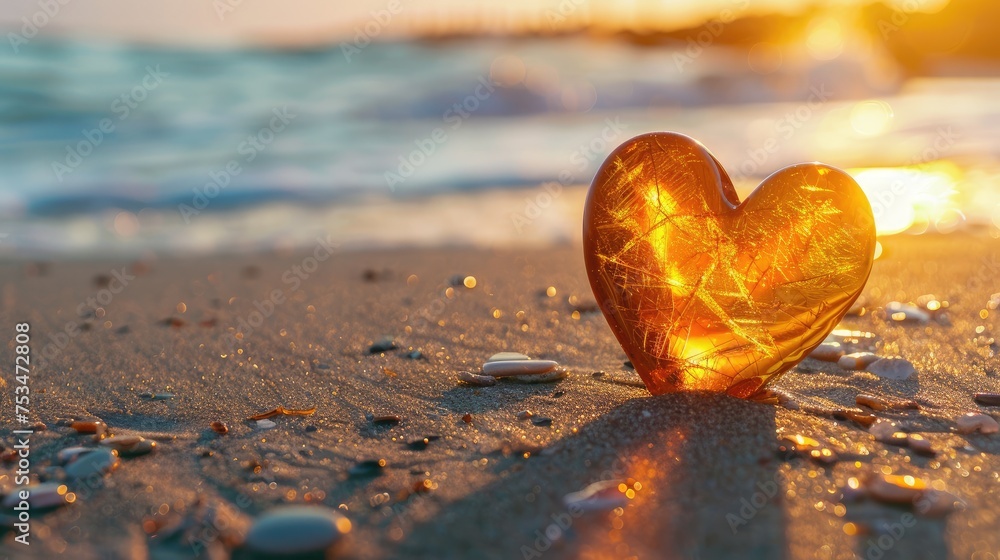 Fototapeta premium Heart-shaped amber concept on the sand on the beach at sunset.