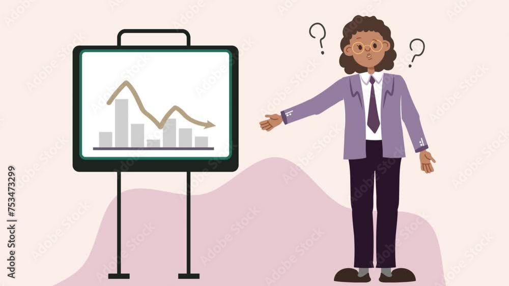 Confused black businesswoman present sluggish turnover or profits chart. 2D flat cartoon style character animation footage. African office worker showing report performance unstable with hand point an Confused black businesswoman present sluggish turnover or profits chart. 2D flat cartoon style character animation footage. African office worker showing report performance unstable with hand point an