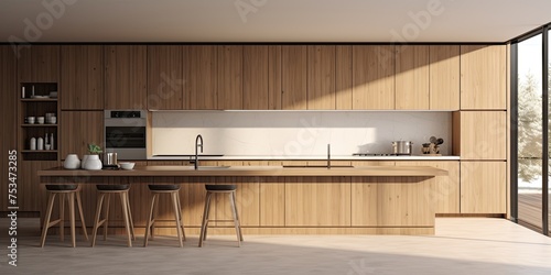  a modern kitchen with a minimalistic design, including a wooden interior, bar countertop, sink, stove, and modern kitchenware. The cooking area features a panoramic window with a concealed design.