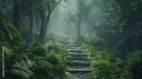 a peaceful, mossy forest trail that winds through enormous trees and has soft lighting. 