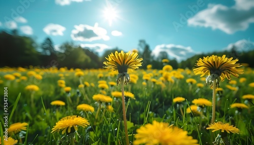 Beautiful meadow field with fresh grass and yellow dandelion flowers in nature