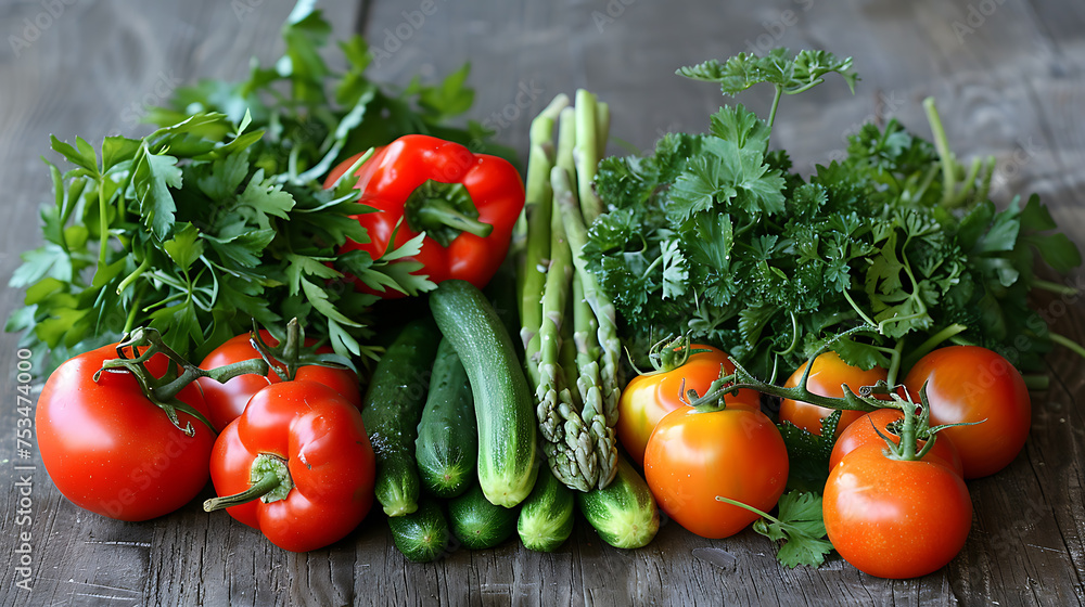 A variety of vegetables displayed on a table, including tomatoes, cucumbers, zucchini, asparagus, bell peppers, parsley, and hot peppers. A variety of vegetables displayed on a table, including tomatoes, cucumbers, zucchini, asparagus, bell peppers, parsley, and hot peppers.