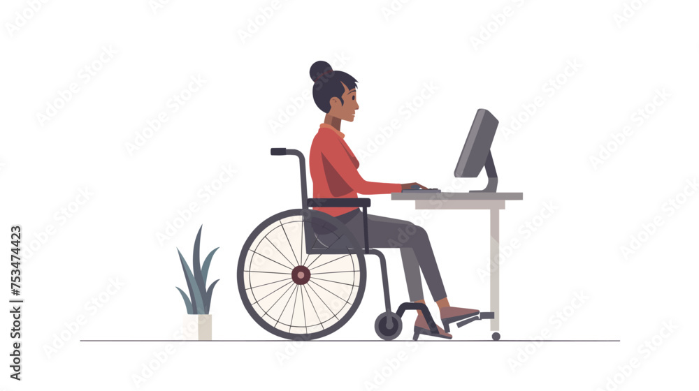 Young woman in a wheelchair working on a computer. Vector flat style cartoon illustration Young woman in a wheelchair working on a computer. Vector flat style cartoon illustration