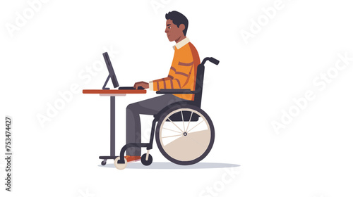 Young man in a wheelchair working on a computer. Vector flat style cartoon illustration