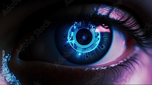 Close-up of the eye of a humanoid robot android with neon technological elements embedded in the retina and pupil, scanner.