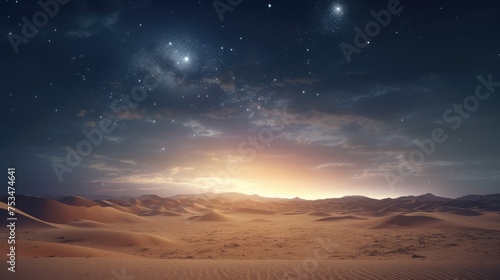 Desert at night under a starry sky. Sand dunes overlooking the sunset, sunrise. In the night sky galaxies and nebulae. Mystical, surreal background.