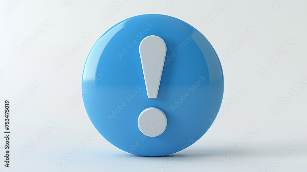 A graphic element featuring a blue exclamation mark icon for caution or attention, isolated on white with a design concept for warning, error messages, or problem buttons. 3D rendering A graphic element featuring a blue exclamation mark icon for caution or attention, isolated on white with a design concept for warning, error messages, or problem buttons. 3D rendering