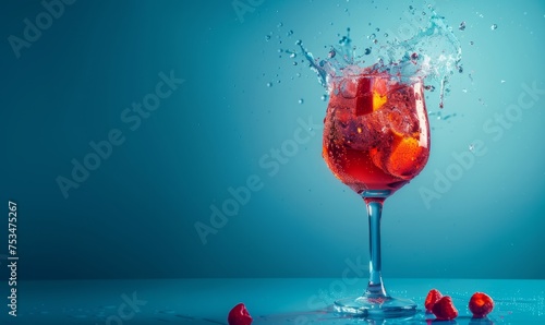 A dynamic red fruit cocktail with splashes of liquid and fruits against a coordinating aqua background. Pastel blue background with copy space.